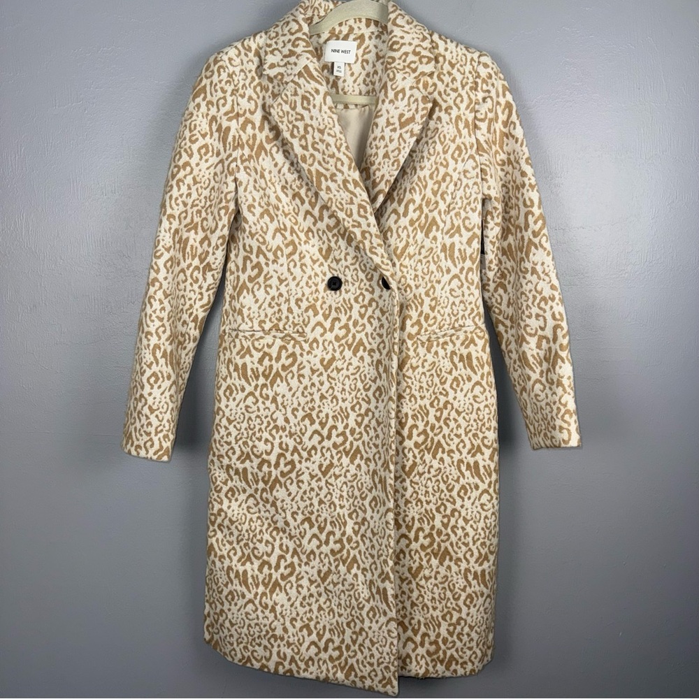 Nine West‎ Pea Coat  Women’s XS Beige & Tan Cheetah Print Long
